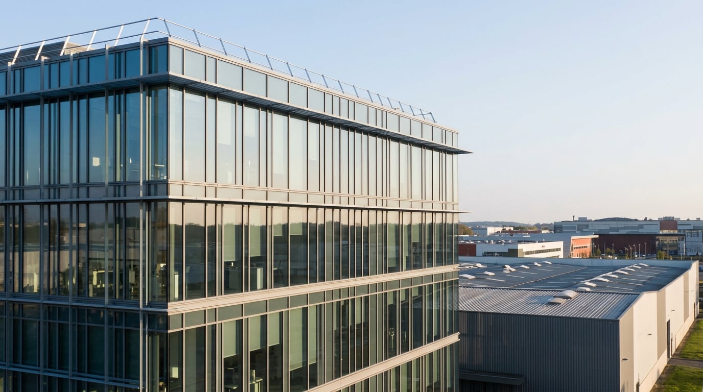 Un immeuble de bureaux contemporain se dresse au premier plan, avec un entrepôt logistique et un centre commercial visibles en arrière-plan.