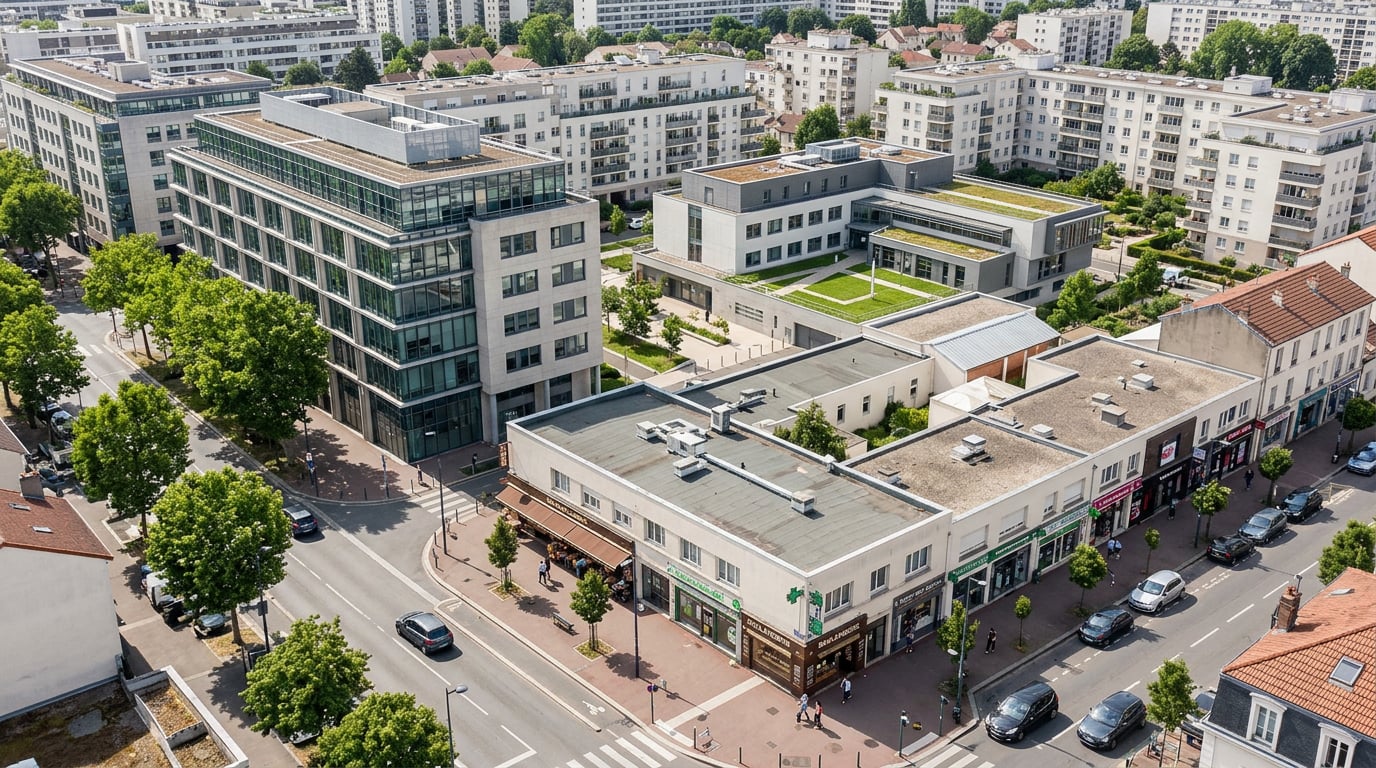 Un quartier urbain rassemble côte à côte un immeuble de bureaux, une rue commerçante et un bâtiment à vocation médicale.