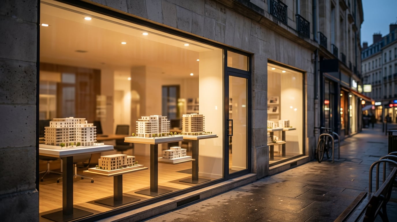 La vitrine éclairée d'une agence immobilière expose des maquettes de bâtiments en soirée.