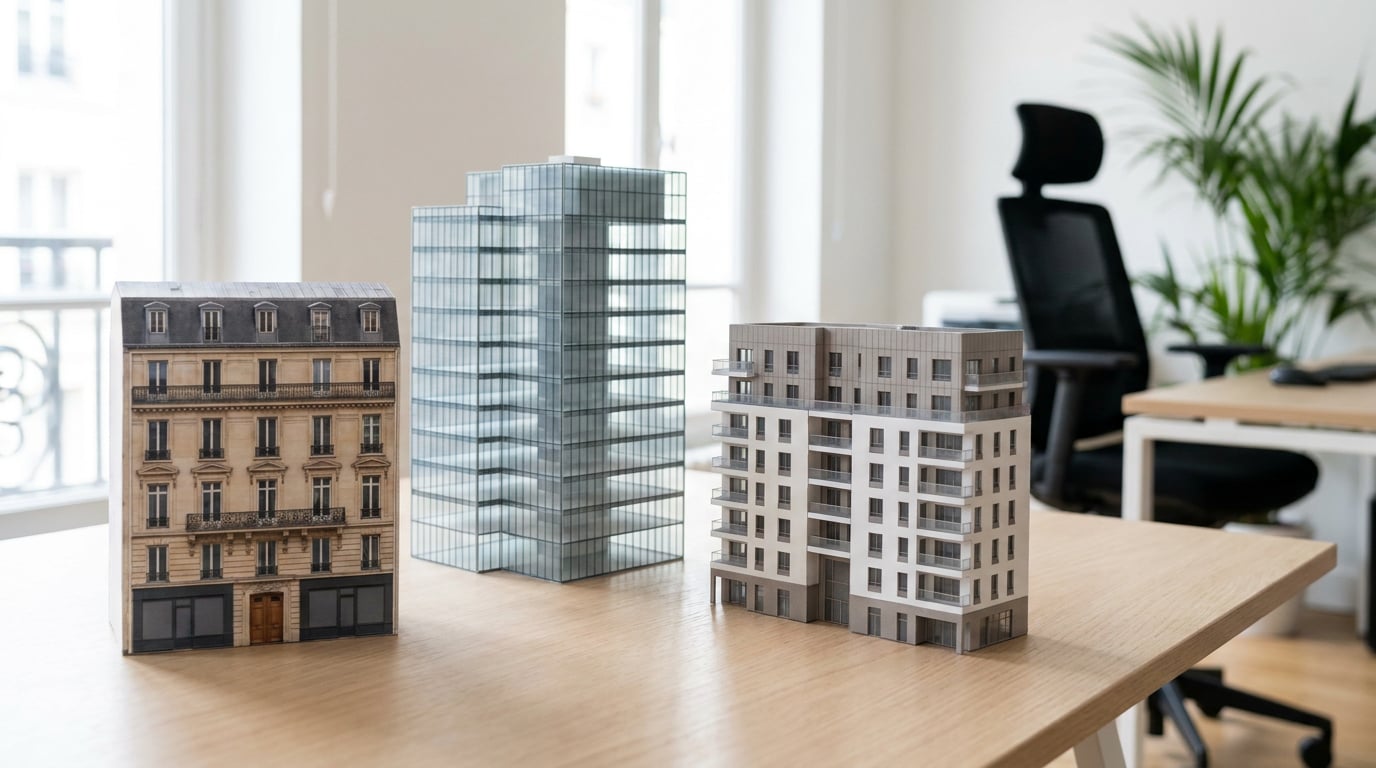 Plusieurs petites maquettes d'immeubles aux façades différentes sont alignées sur une table en bois clair, comme si l'on comparait des types de bâtiments un à un, dans une pièce lumineuse dont l'arrière-plan reste flou.