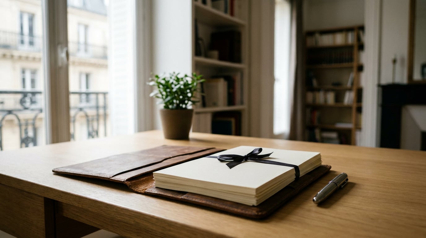 Un bureau en bois clair baigné de lumière naturelle, avec un dossier en cuir ouvert laissant apparaître des feuillets vierges empilés et attachés par un ruban, un stylo posé à côté et une petite plante verte en arrière-plan, dans une ambiance sobre évoquant la gestion patrimoniale.