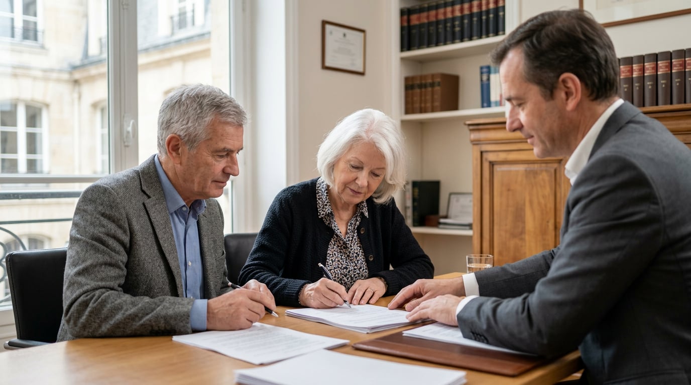Deux personnes signent des documents de succession dans le bureau sobre d'un notaire.