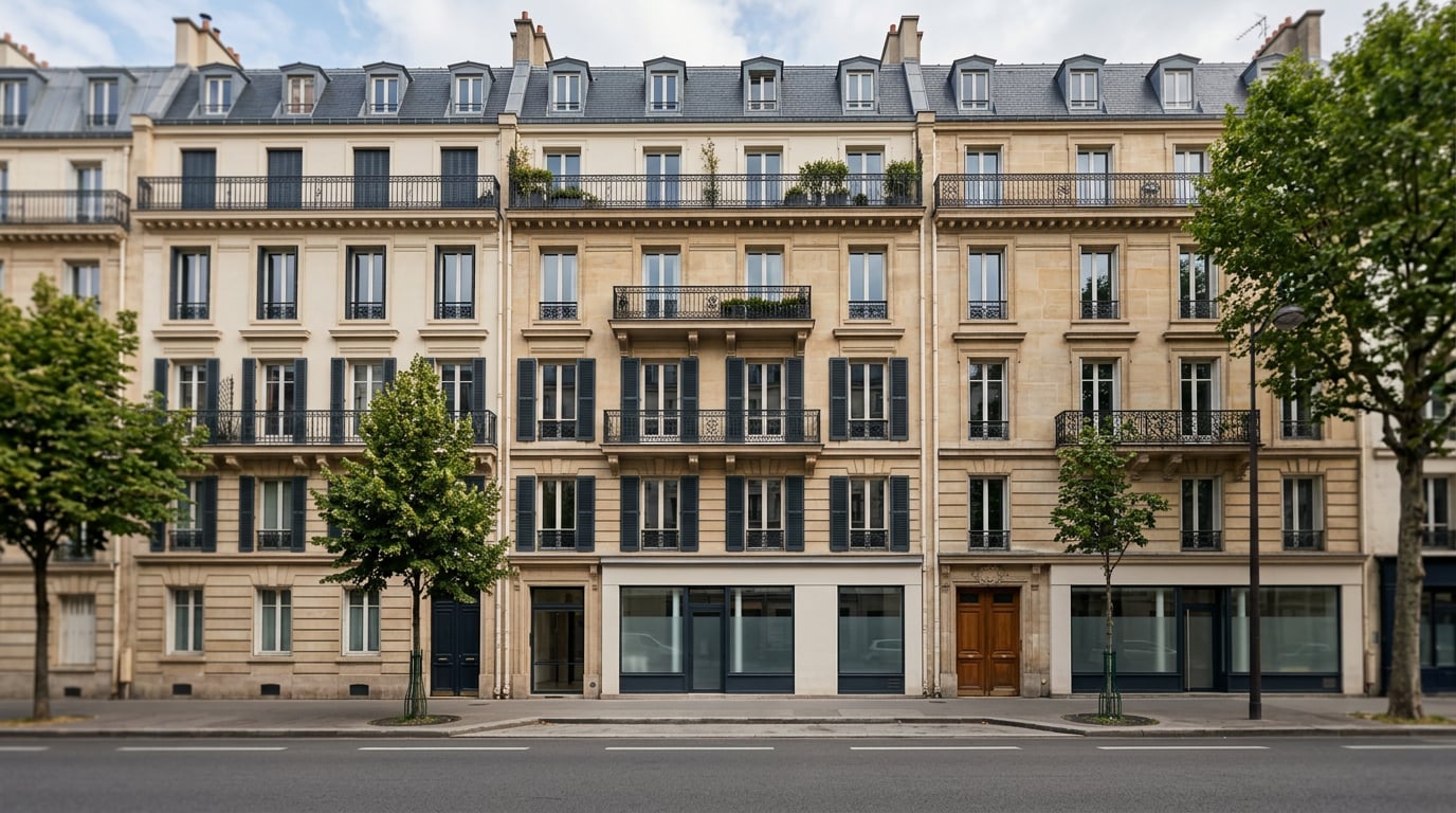 Un immeuble résidentiel de plusieurs étages photographié depuis la rue.