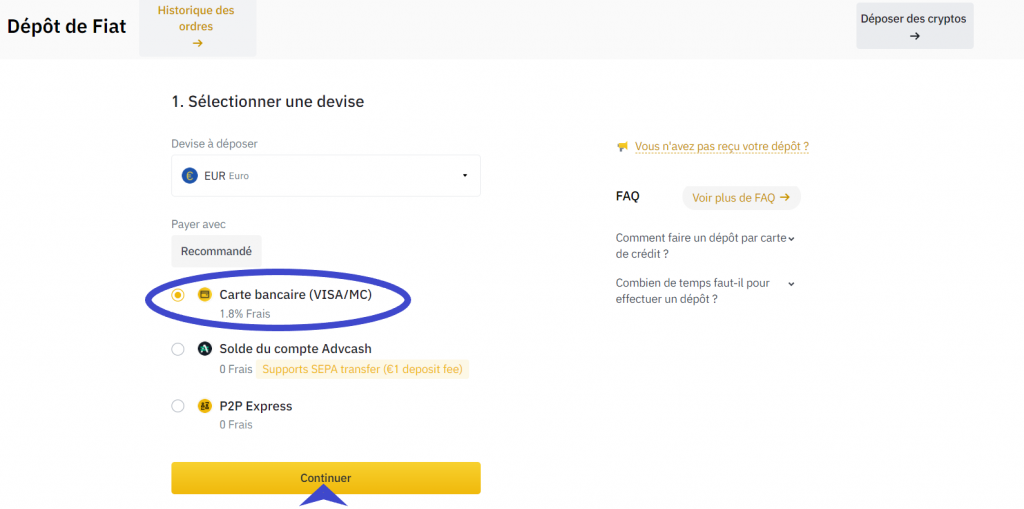 Etape 2 Dépôt Binance