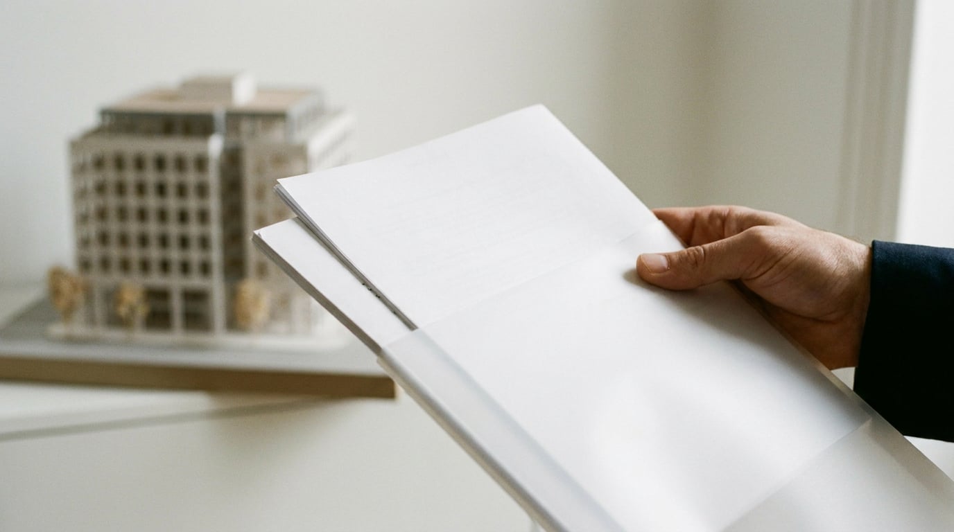 Une main tient deux dossiers superposés, l'un glissé sous une pochette translucide qui semble le mettre en suspens, tandis qu'en arrière-plan flou se devine une petite maquette de bâtiment évoquant une structure d'entreprise, dans un bureau sobre baigné de lumière naturelle.