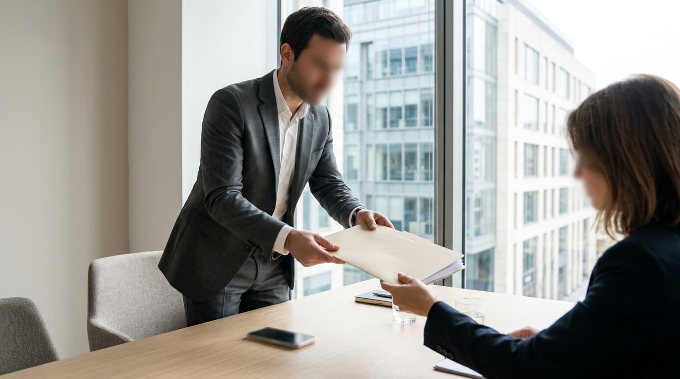 Un dirigeant remet un dossier de titres à son interlocuteur dans un bureau lumineux face à un immeuble moderne.