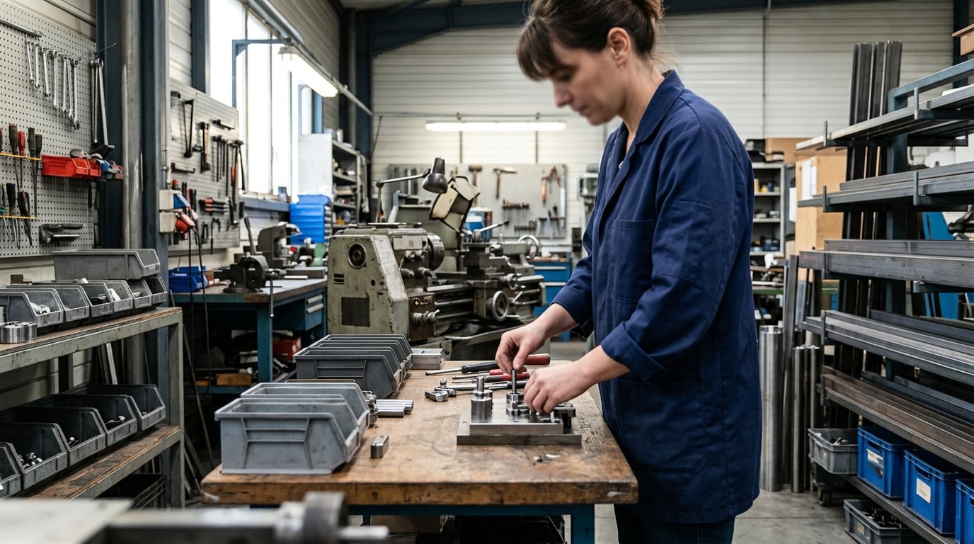 Un artisan travaille sur un établi dans un atelier de production, illustrant un investissement dans une activité économique.