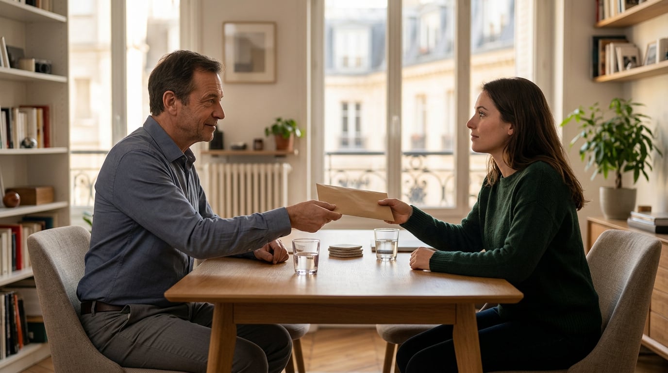 Un parent transmet un dossier à un enfant adulte autour d'une table, évoquant une donation au sein d'une famille.