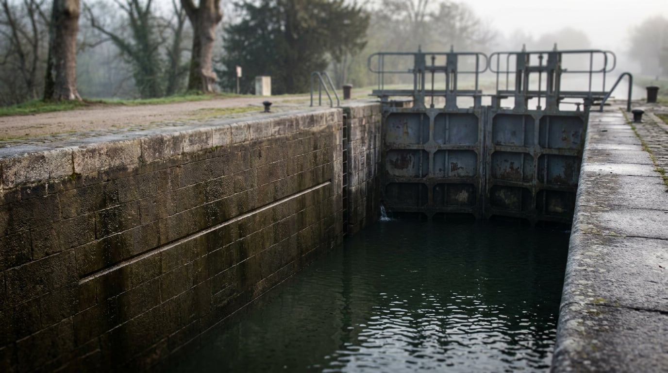 Une écluse de canal au petit matin, dont l'eau monte progressivement vers une ligne de niveau marquée dans la pierre du quai ; la porte métallique reste close, suspendue dans l'attente du moment où le niveau d'eau suffira à déclencher son ouverture.
