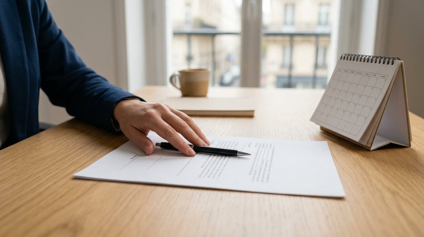 Une personne s'apprête à signer un contrat d'épargne posé sur une table, avec un calendrier en arrière-plan.