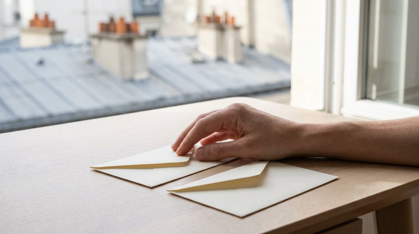 Une main hésite entre deux enveloppes blanches identiques posées sur un bureau en bois clair, dans la lumière douce d'un matin, avec en arrière-plan flou des toits parisiens visibles à travers une fenêtre, évoquant le choix entre deux façons d'organiser un investissement.