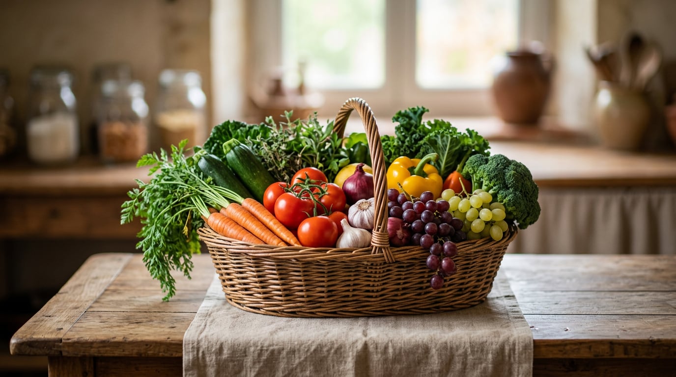 Un panier en osier contient une grande variété de fruits et légumes colorés, posé sur une table en bois.