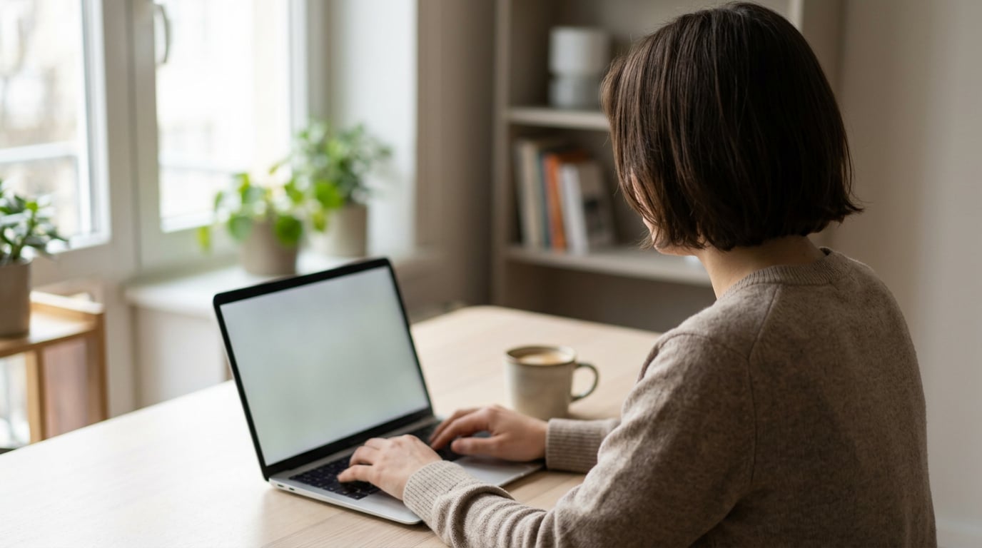 Une personne est assise à son bureau devant un ordinateur portable, dans une ambiance calme, prête à passer son premier ordre en bourse.