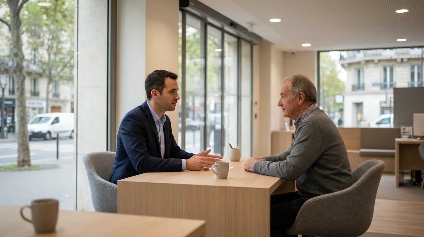 Un conseiller reçoit un client dans une agence bancaire éclairée par la lumière naturelle.