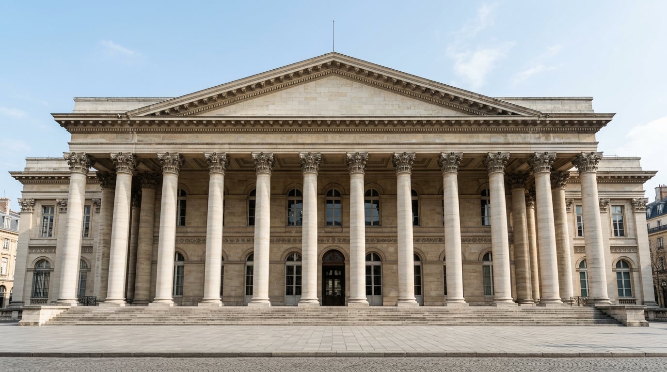 La façade à colonnades du Palais Brongniart, ancien siège de la Bourse de Paris, se dresse sous un ciel clair.