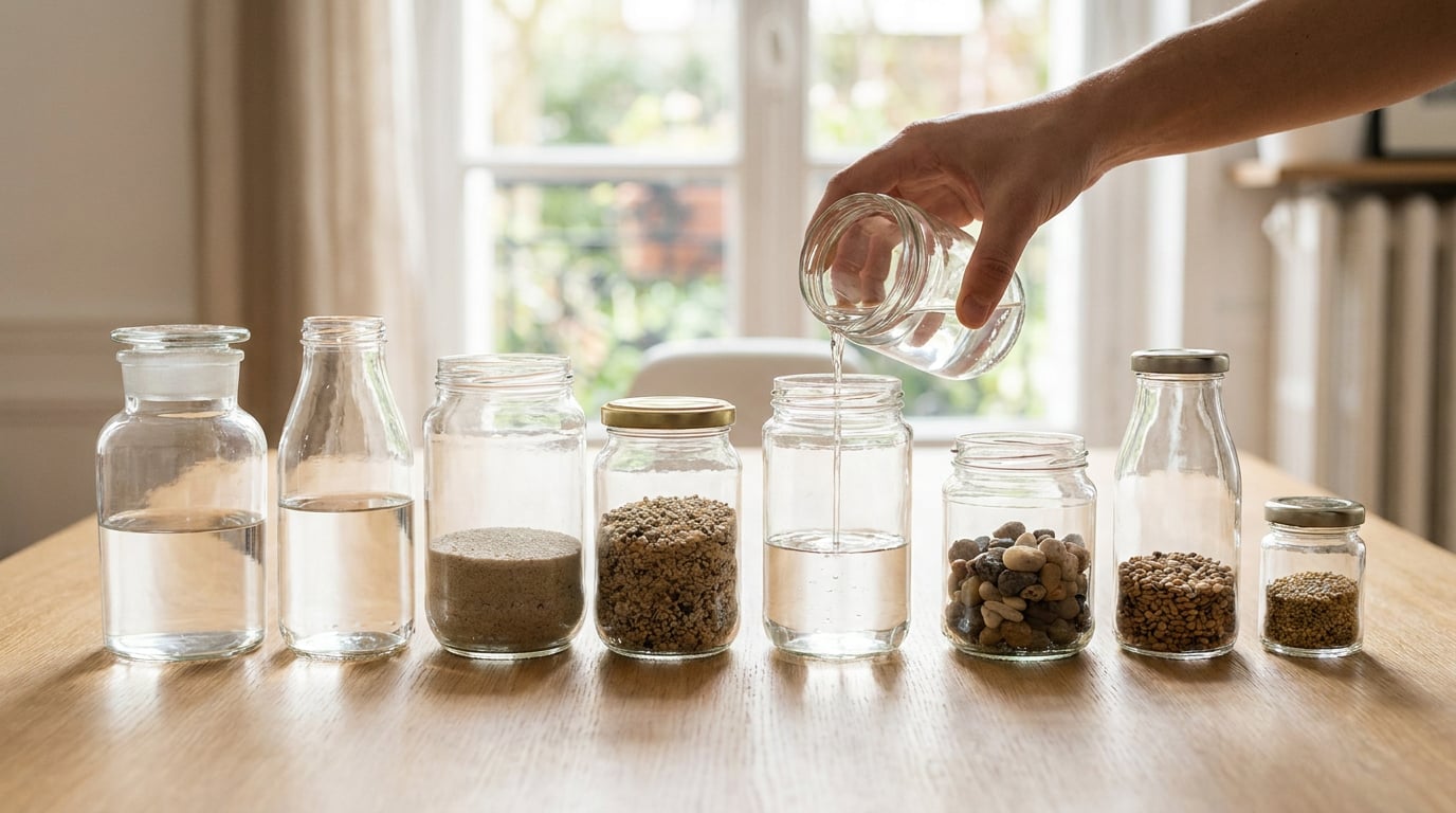 Une table en bois clair porte plusieurs récipients en verre alignés, chacun rempli d'une matière différente : eau claire, sable fin, graines, petits galets. La lumière naturelle et le flou de l'arrière-plan évoquent une même quantité répartie entre des contenants variés.