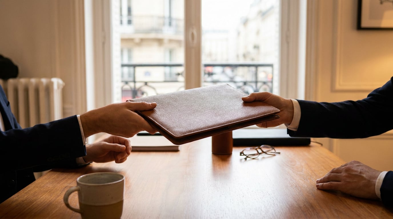 Gros plan sur un bureau en bois clair où une main tend une pochette en cuir fermée à une autre main, dans la lumière naturelle d'un bureau aux tons neutres, sans aucun visage ni document visible.