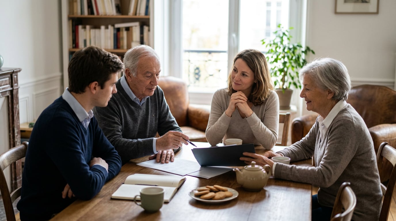 Une famille réunie autour d'une table avec des documents de succession.