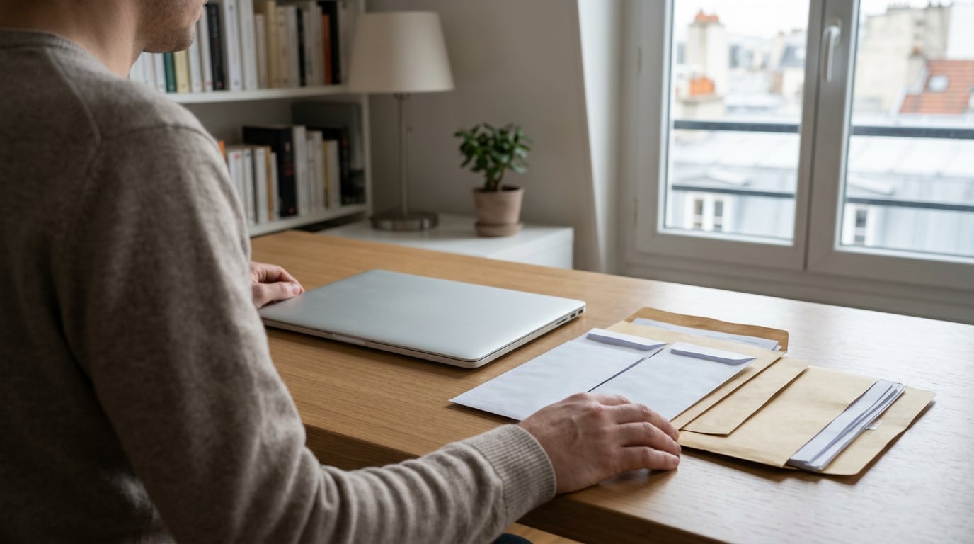 Une personne organise plusieurs enveloppes de documents sur un bureau à domicile.
