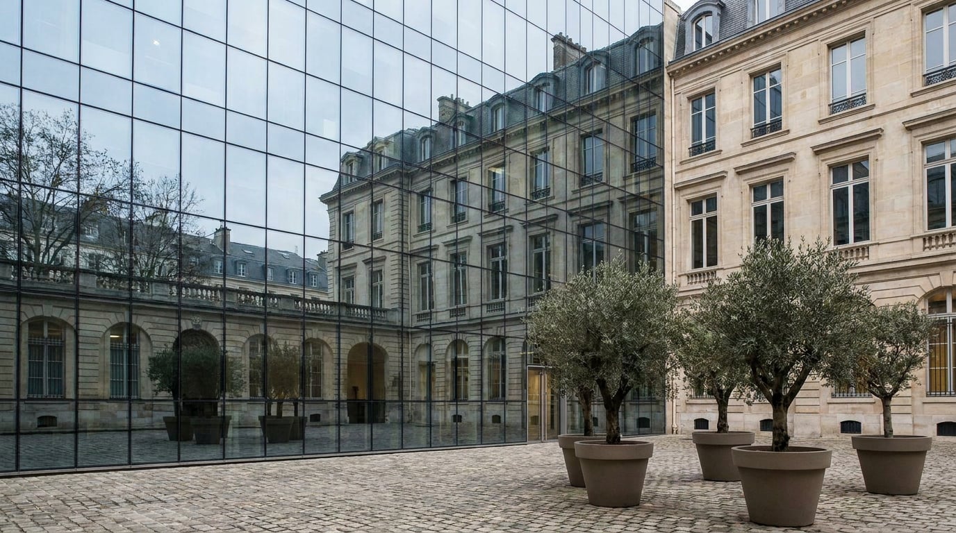 Façade vitrée d'un immeuble de bureaux moderne, dont les grandes baies reflètent un second bâtiment symétrique dans une cour calme et ordonnée, sans aucune présence humaine.