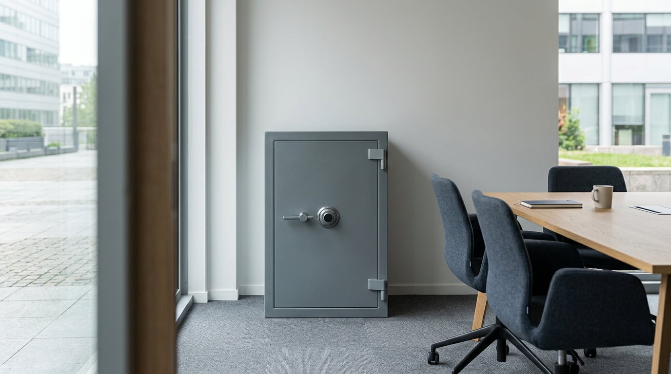 Un coffre-fort fermé dans une salle de réunion d'entreprise, symbolisant une trésorerie mise en réserve.