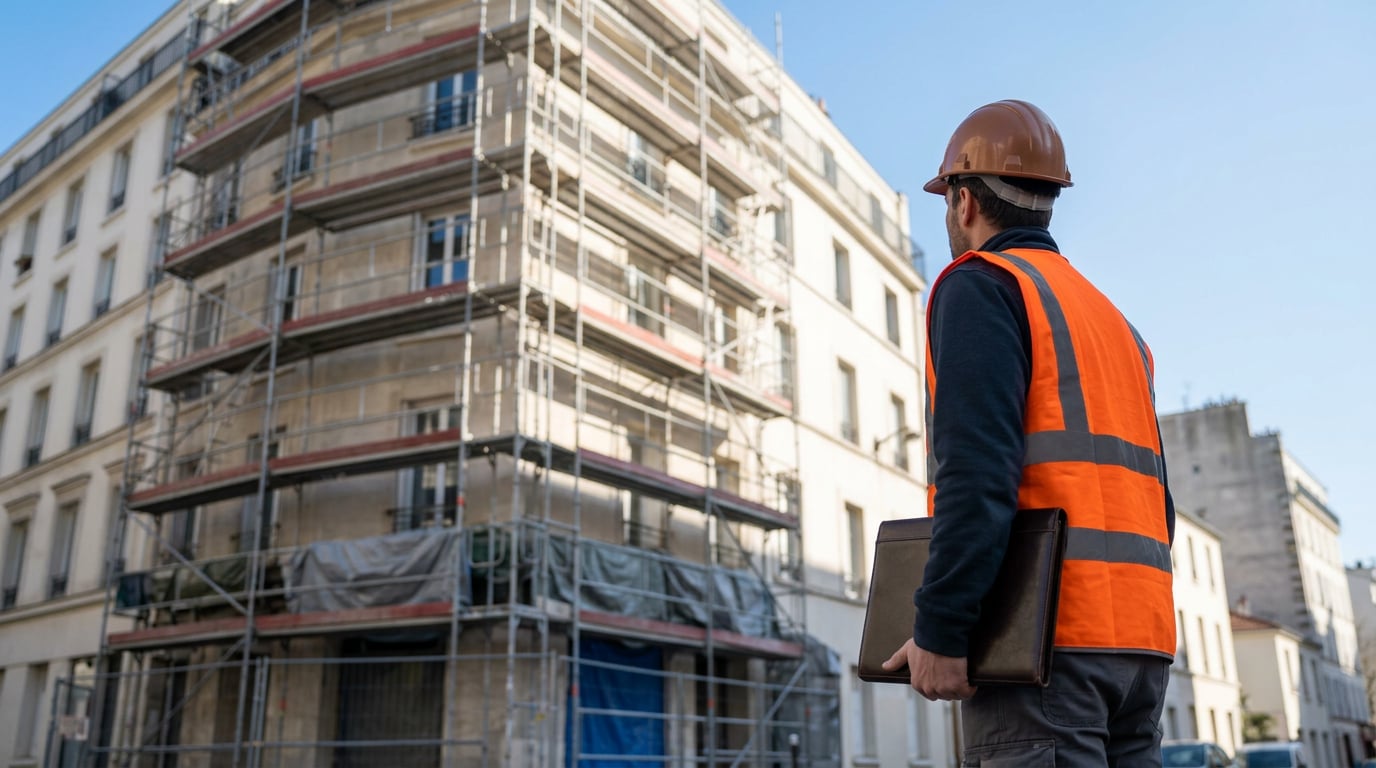 Un immeuble en travaux observé par une personne tenant un porte-documents, illustrant une période d'attente entre deux opérations immobilières.