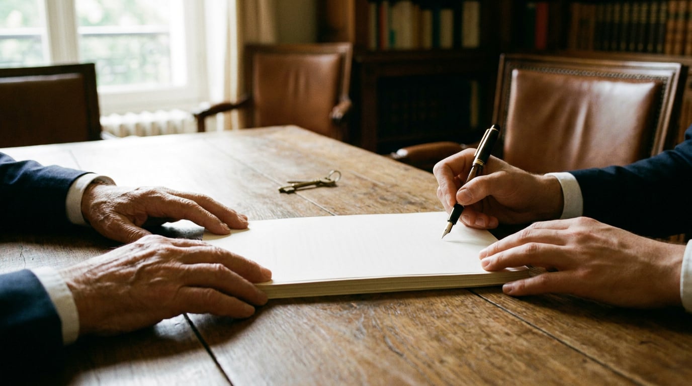 Sur une table en bois clair, des mains âgées tiennent un stylo au-dessus d'un document, face à des mains plus jeunes posées à côté, une clé de maison floue en arrière-plan, lumière naturelle douce, aucun visage visible.