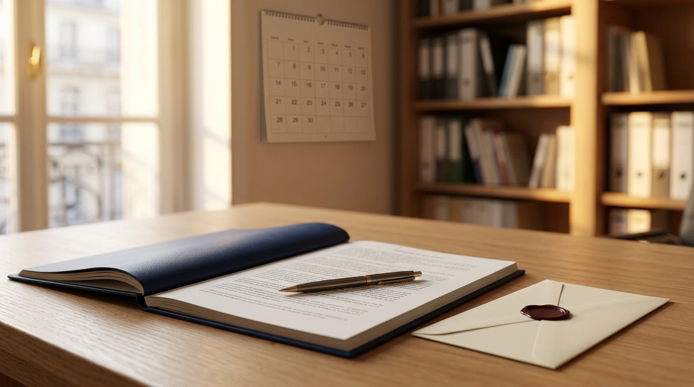 Un stylo posé sur un document relié devant un calendrier mural, évoquant le moment de signer un acte.
