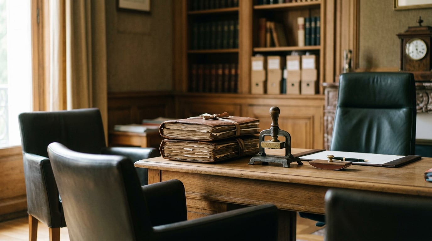 Un bureau de notaire avec des dossiers reliés et un sceau posé sur la table.