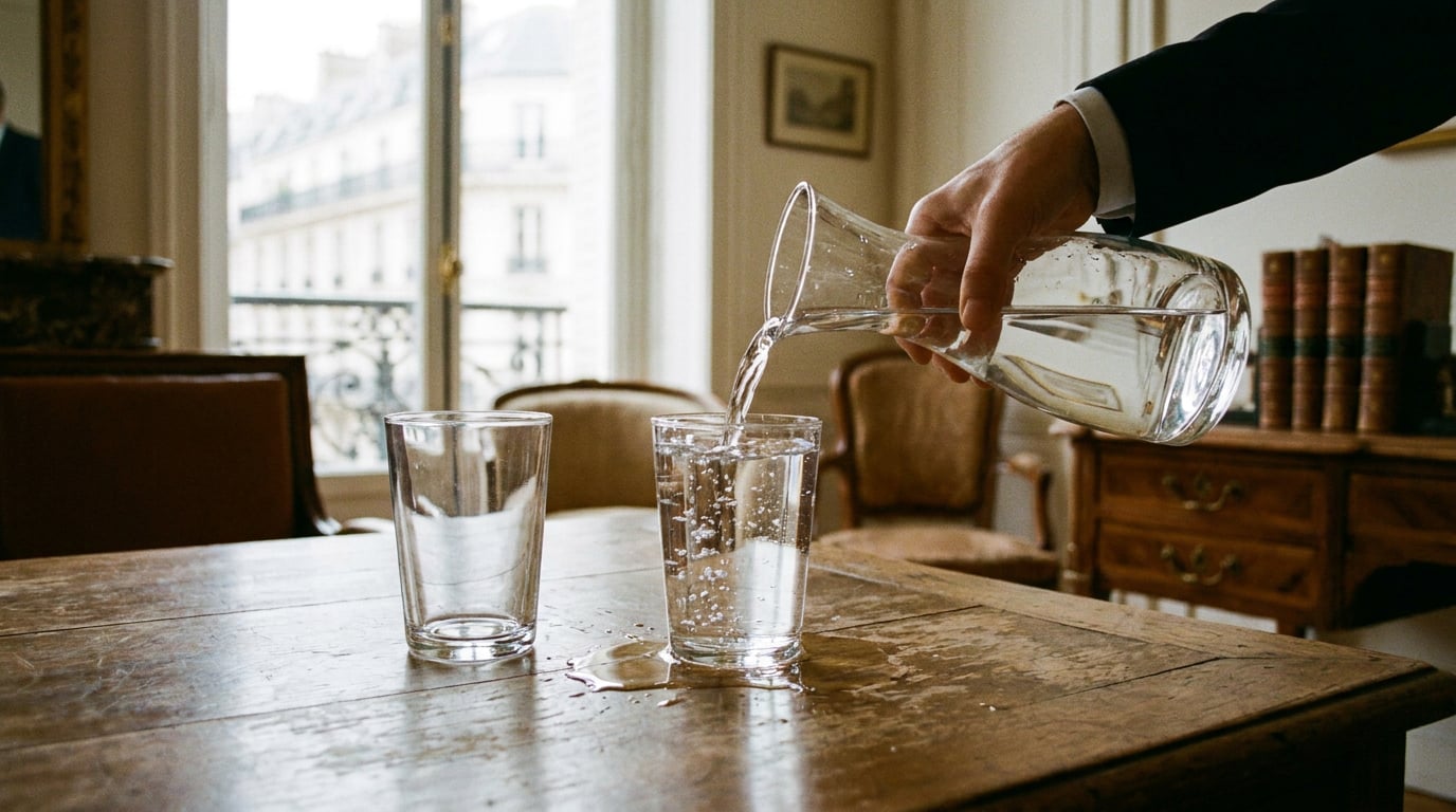 Sur une table en bois patiné, près d'une fenêtre baignée de lumière douce, une carafe d'eau se déverse dans un verre déjà rempli à ras bord ; à côté, un second verre vide attend, comme en réserve d'un futur remplissage.