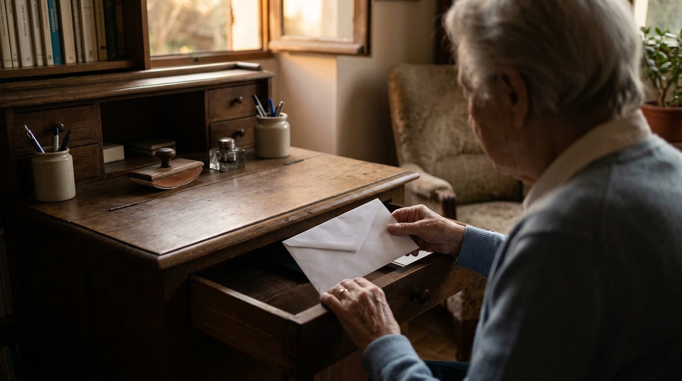 Une personne âgée range une enveloppe cachetée dans le tiroir d'un bureau ancien, dans une lumière douce de fin d'après-midi.