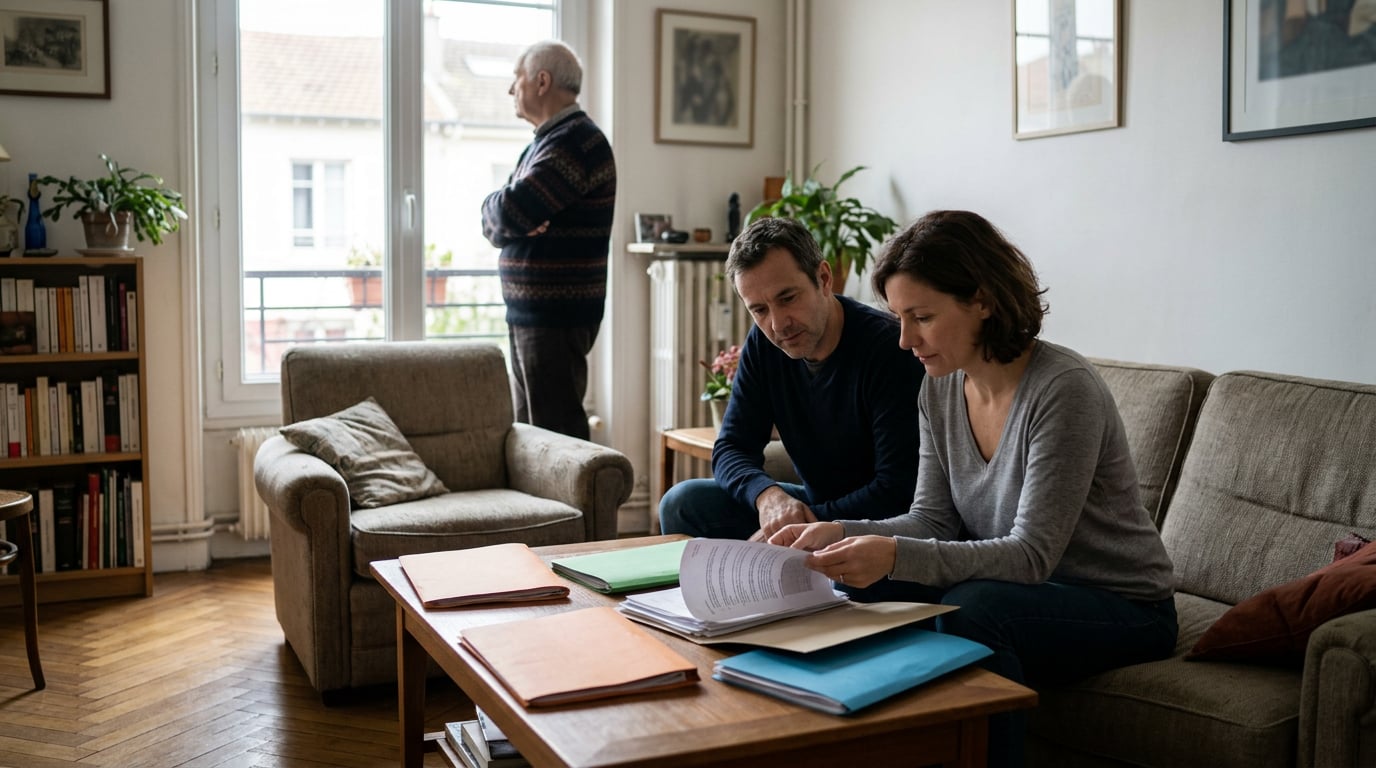 Deux adultes consultent des documents de succession autour d'une table basse, dans un salon familial.