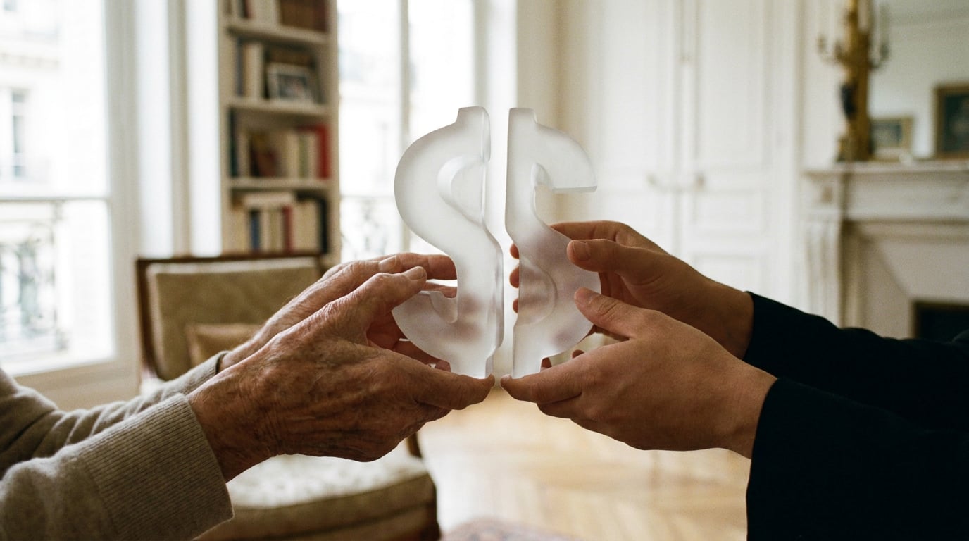 Gros plan sur deux mains, l'une âgée et l'une plus jeune, qui tiennent ensemble un objet en verre translucide divisé en deux parties complémentaires, dans la lumière douce d'un salon domestique.