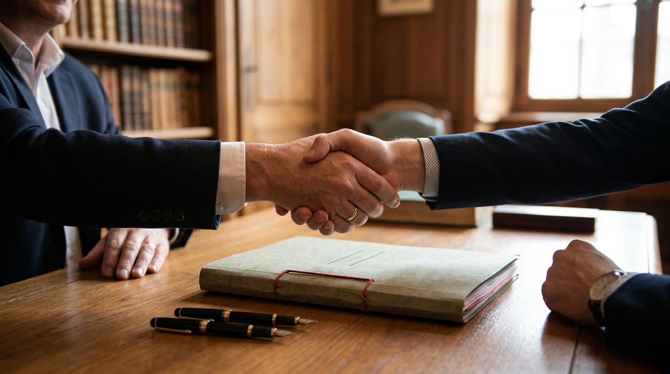 Deux personnes se serrent la main au-dessus d'un document signé sur le bureau d'un notaire.