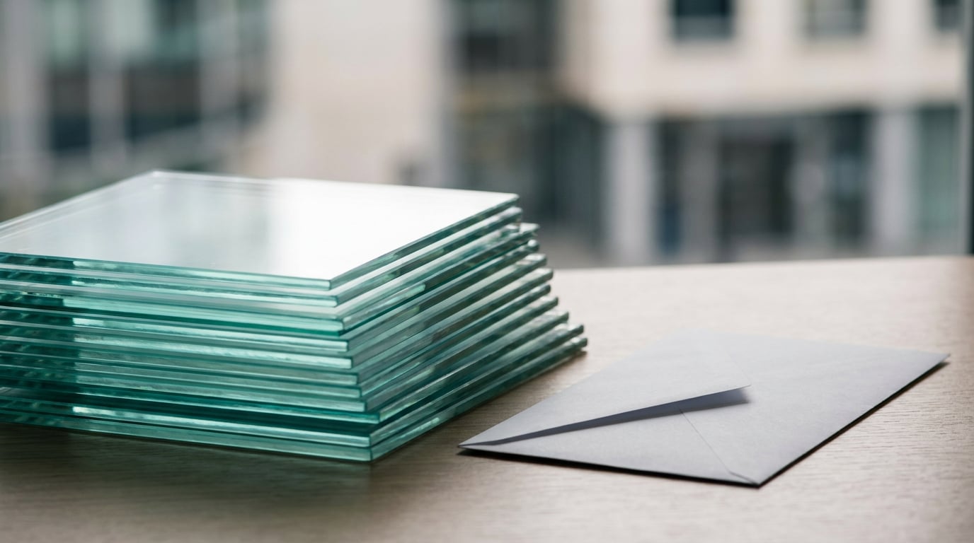 Sur un bureau en bois baigné de lumière naturelle, des plaques de verre translucides empilées en couches symbolisent une structure financière, posées près d'une enveloppe fermée et vierge ; en arrière-plan flou, la façade d'un immeuble bancaire européen se dessine derrière une fenêtre.