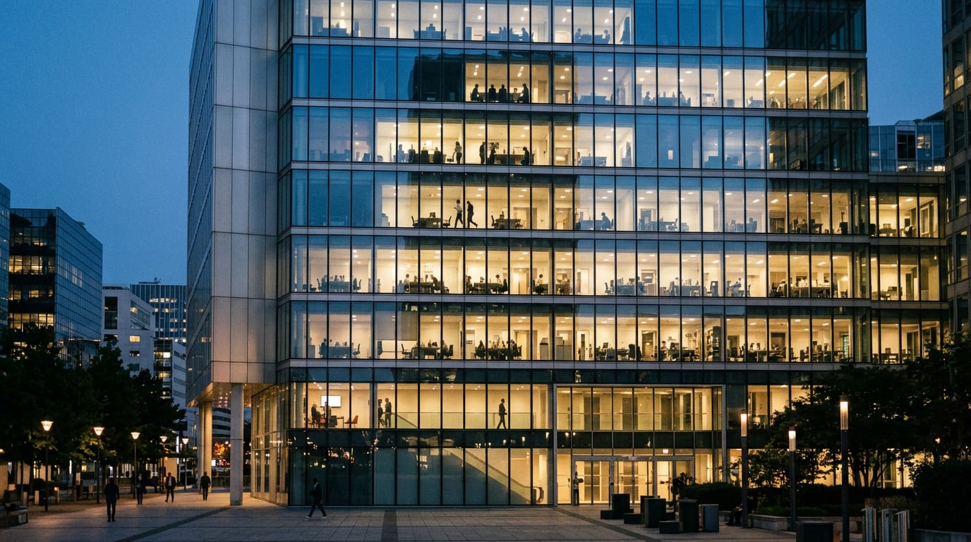 Un immeuble de bureaux d'un quartier d'affaires illuminé en fin de journée.