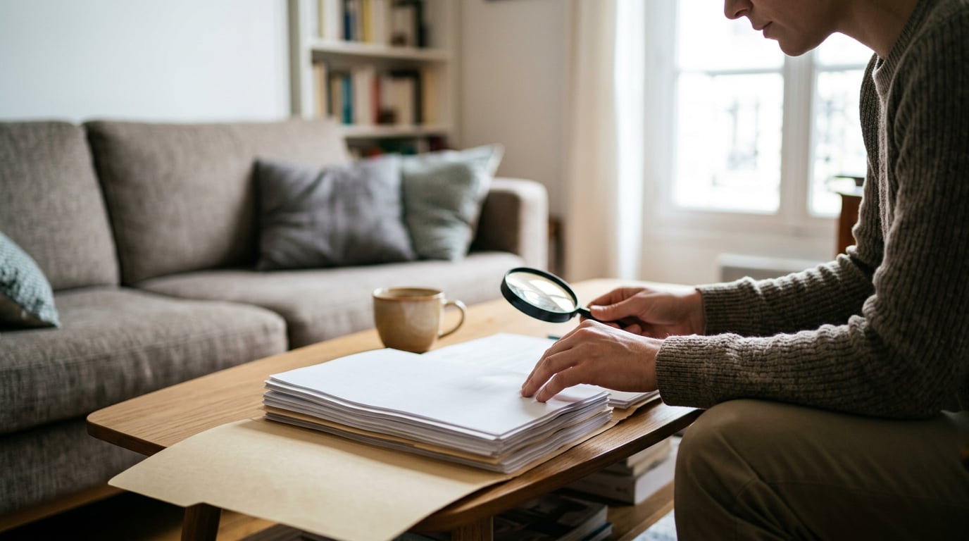 Une personne examine attentivement un dossier de documents contractuels à l'aide d'une loupe, installée dans son salon.