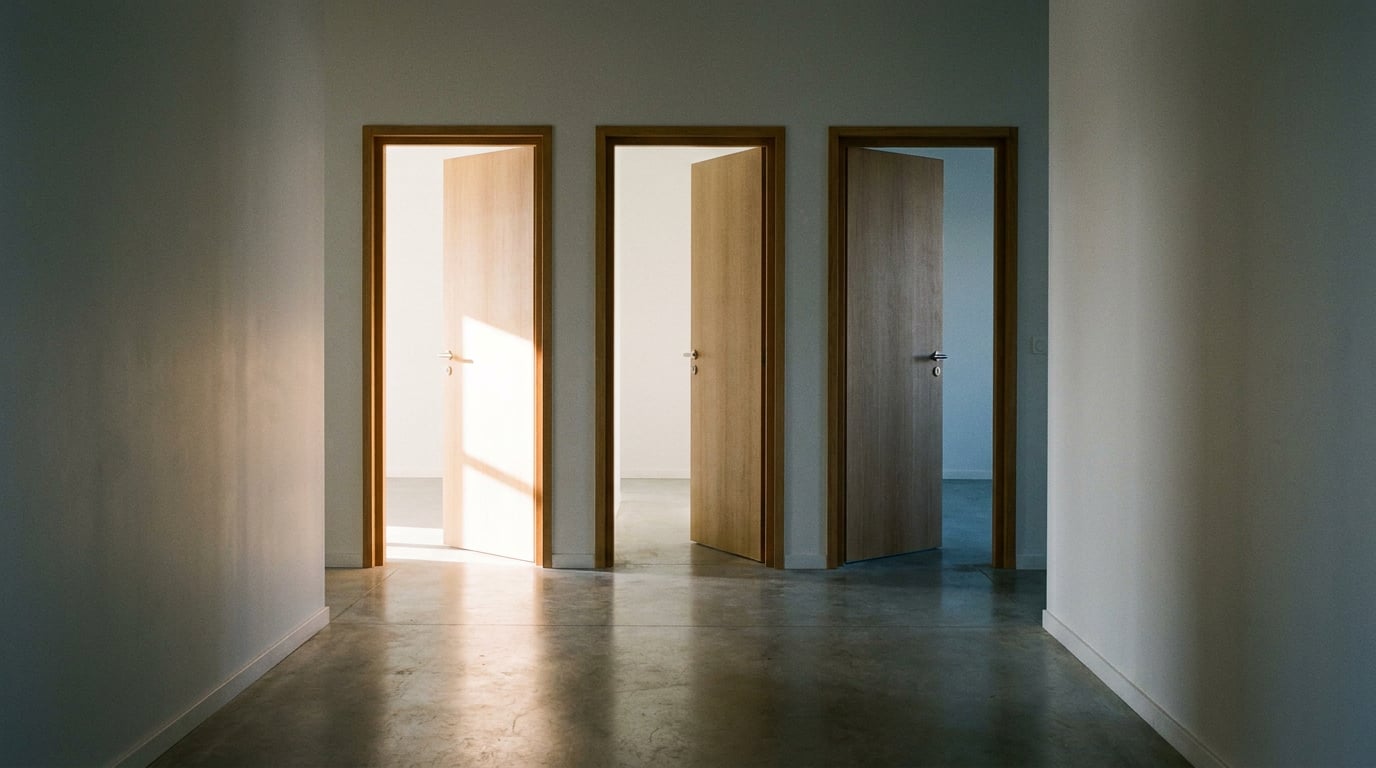Un couloir sobre aux murs clairs se termine par trois portes entrouvertes : la première laisse passer une lumière vive, la seconde une lumière tamisée, la troisième une quasi-pénombre, évoquant trois issues distinctes.