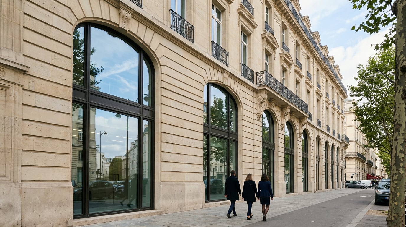 Façade d'un immeuble bancaire parisien aux grandes baies vitrées.