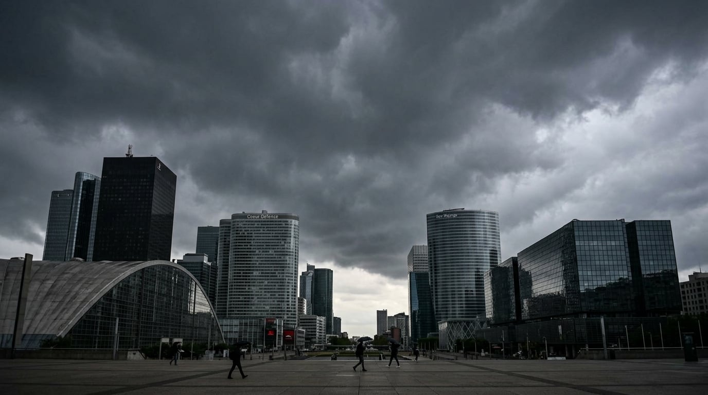 Ciel d'orage sombre au-dessus des tours d'un quartier d'affaires.