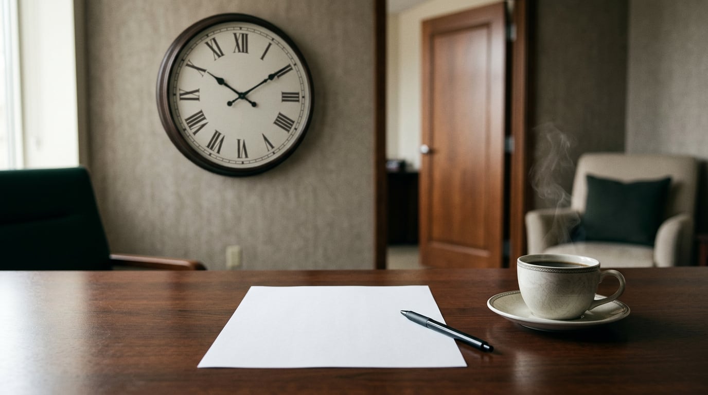 Horloge murale et stylo posé sur une feuille blanche dans un bureau calme.