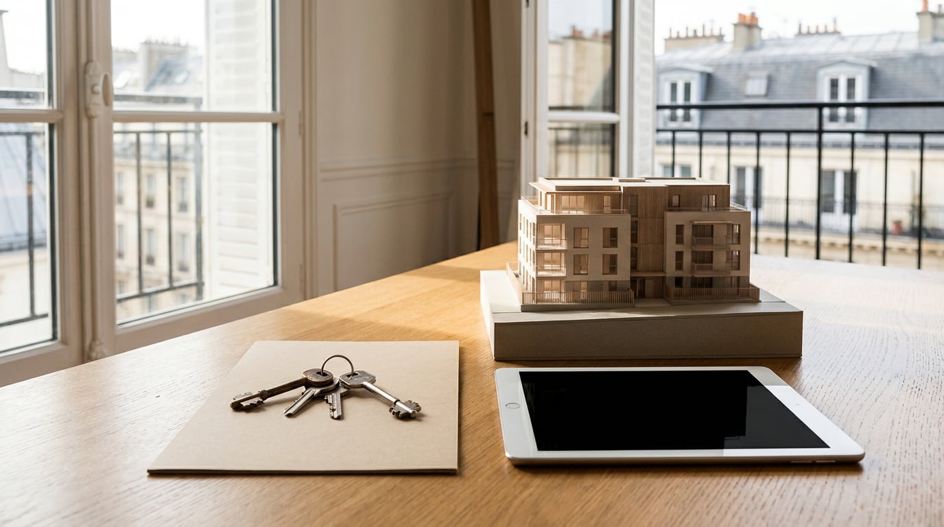 Sur une table en bois clair, un trousseau de clés posé sur une feuille cartonnée vierge, une maquette miniature d'immeuble et une tablette à écran éteint sont alignés côte à côte, éclairés par une lumière naturelle douce, évoquant trois façons différentes d'investir dans la pierre.