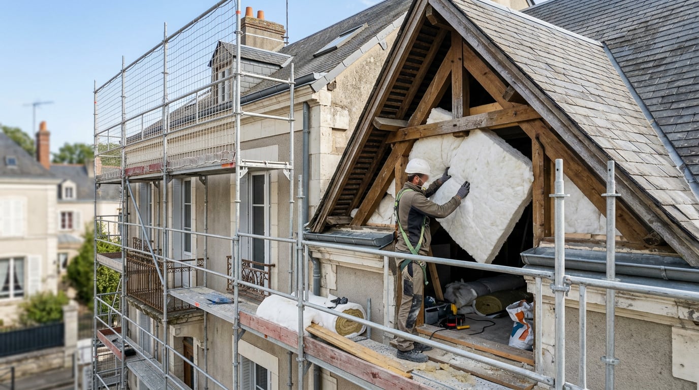 Des travaux de rénovation énergétique en cours sur la façade d'un immeuble, échafaudage et isolation visibles.