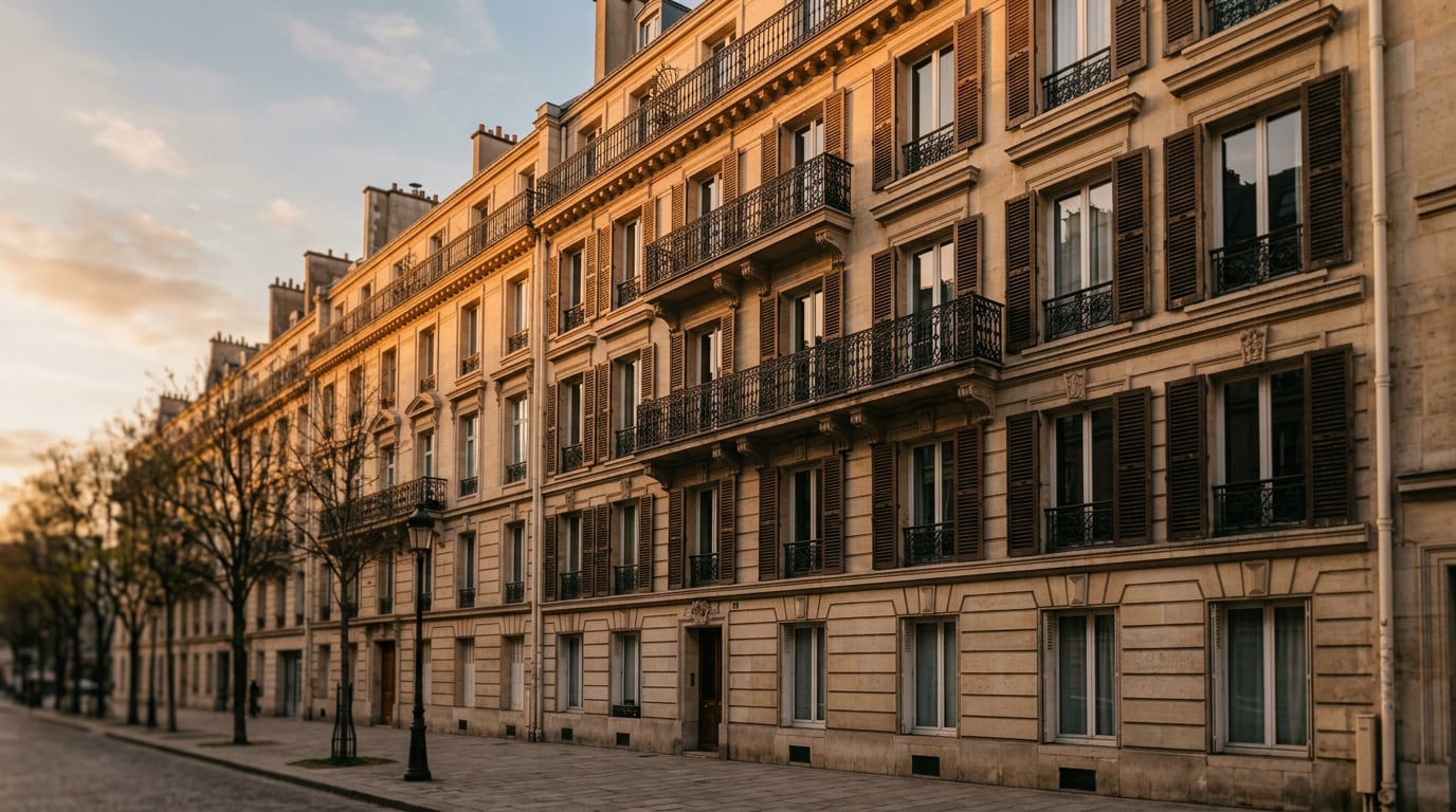 Une façade d'immeuble résidentiel avec balcons et volets, illustrant l'achat d'un bien pour le louer soi-même.