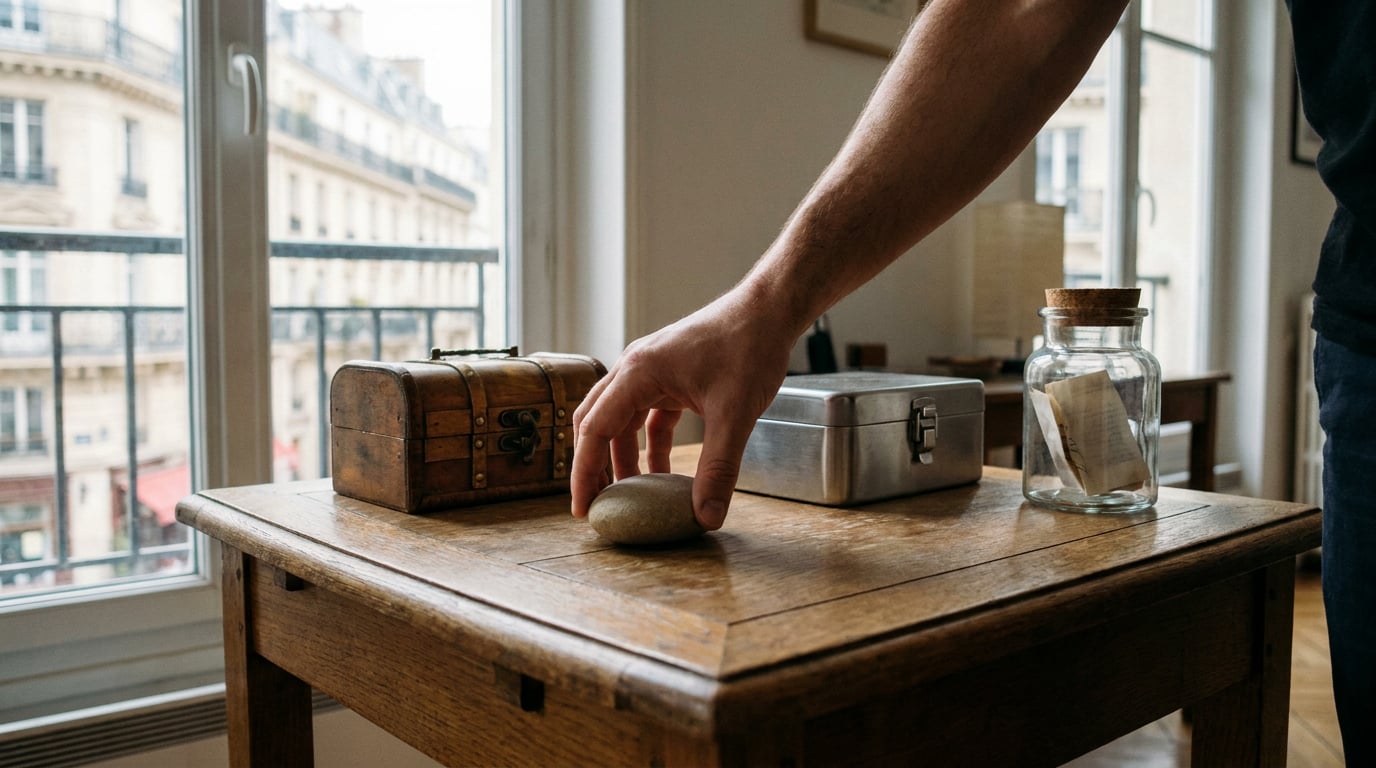 Une main repose au-dessus de trois contenants fermés de matières différentes, un coffret en bois, une boîte métallique et un bocal en verre, disposés côte à côte sur une table éclairée par la lumière naturelle d'une fenêtre, dans une pièce sobre et épurée.