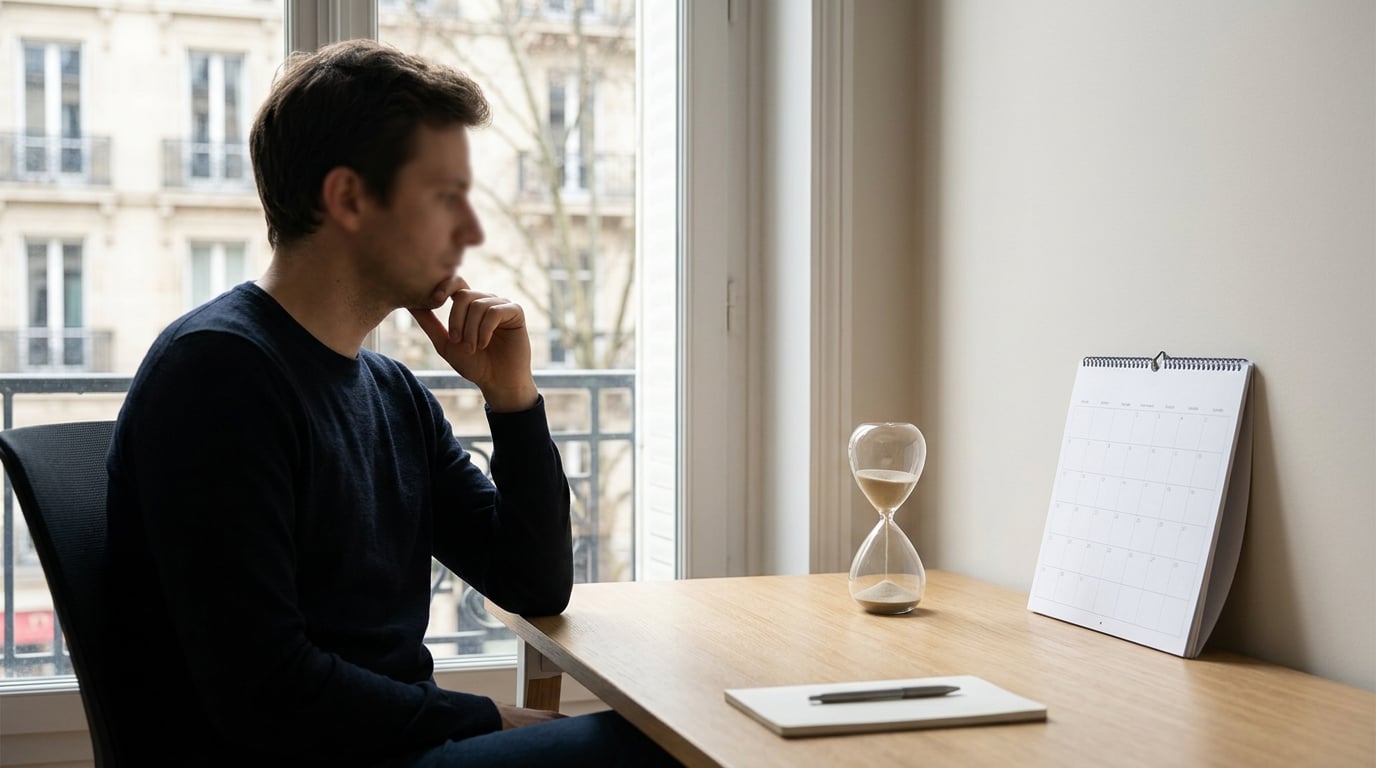Une personne réfléchit, assise à un bureau, devant un sablier et un calendrier mural.