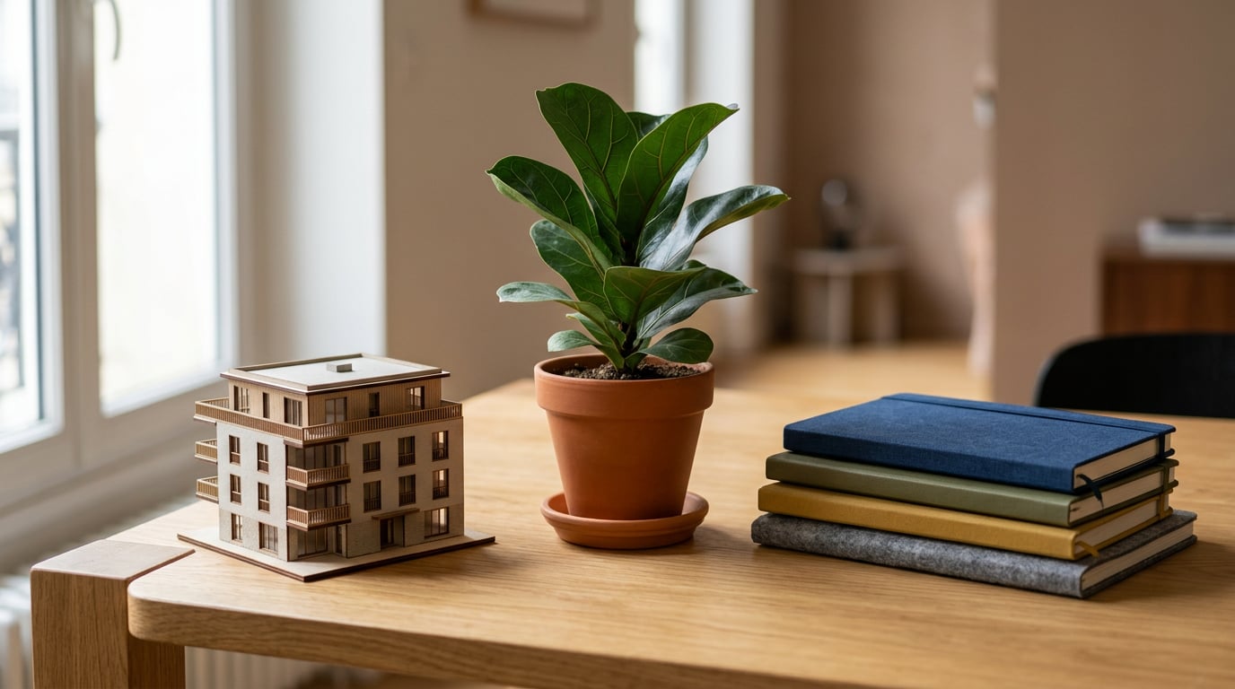 Une maquette d'immeuble, un plant en pot et plusieurs carnets sont posés côte à côte sur une table en bois.