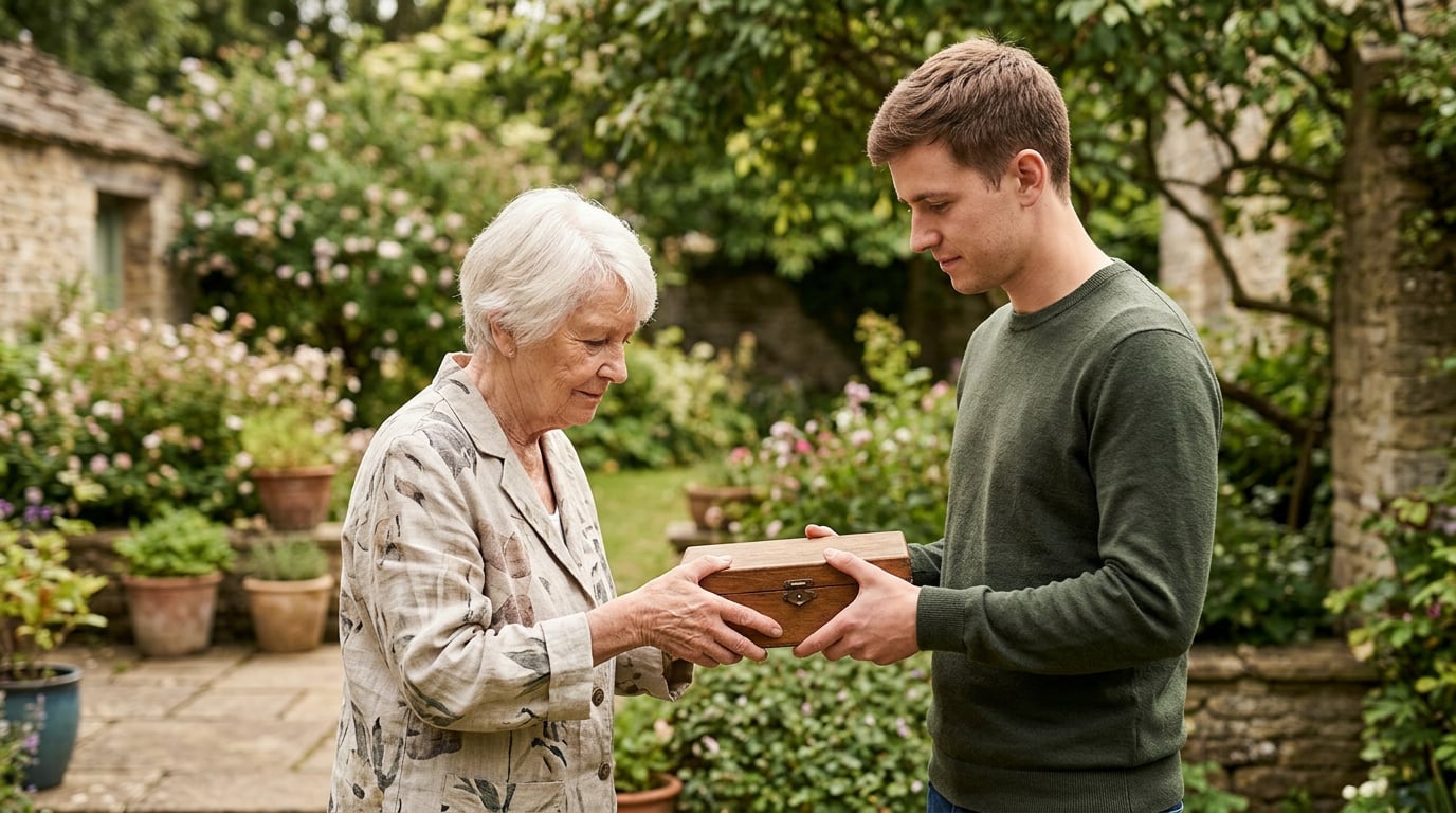 Une personne âgée tend une boîte en bois à un jeune adulte dans un jardin.