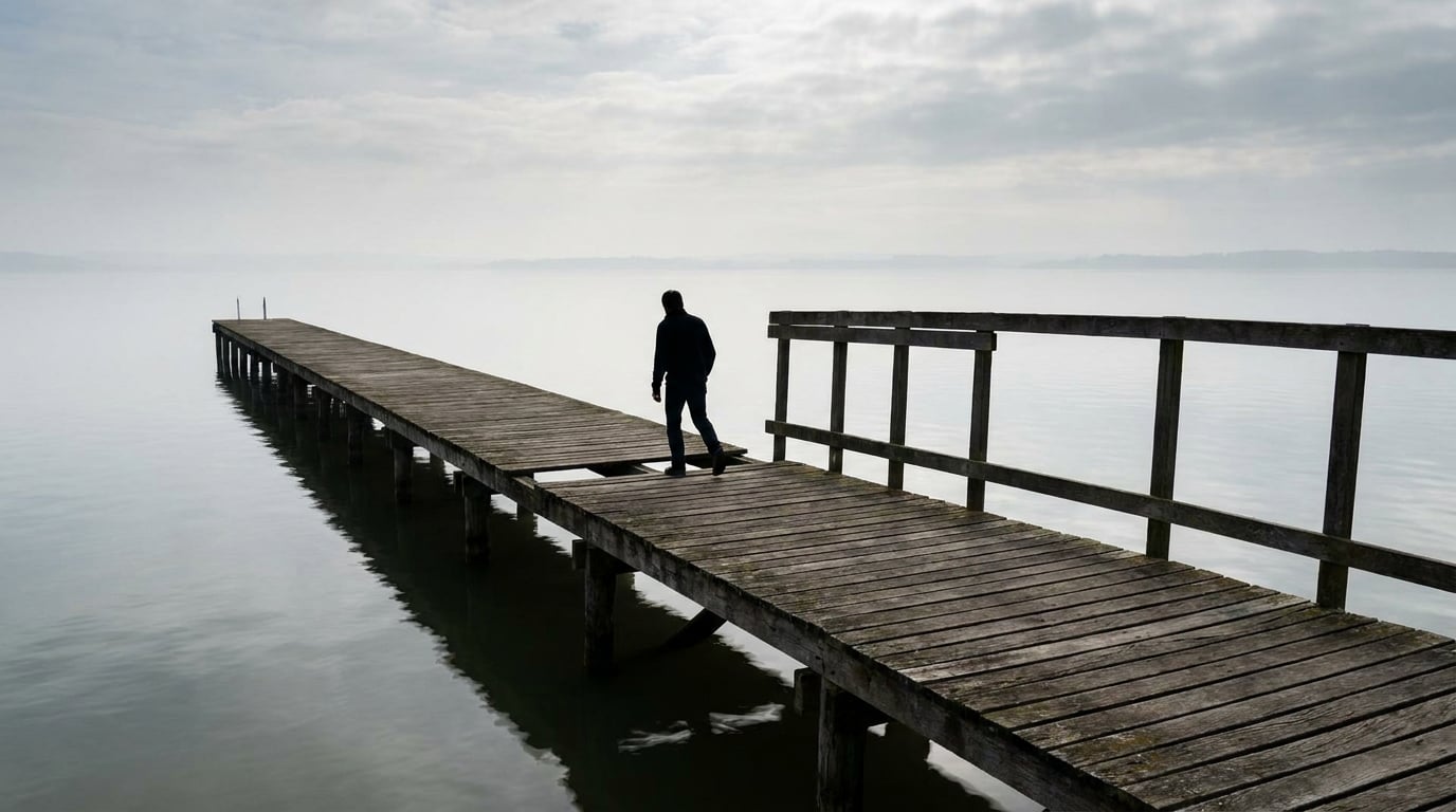 Un ponton de bois s'étend vers un horizon brumeux, sa portion finale bordée d'une rambarde solide. Au milieu du parcours, une ouverture sans barrière laisse une silhouette vue de dos s'y engager, s'écartant du chemin menant à la zone protégée.