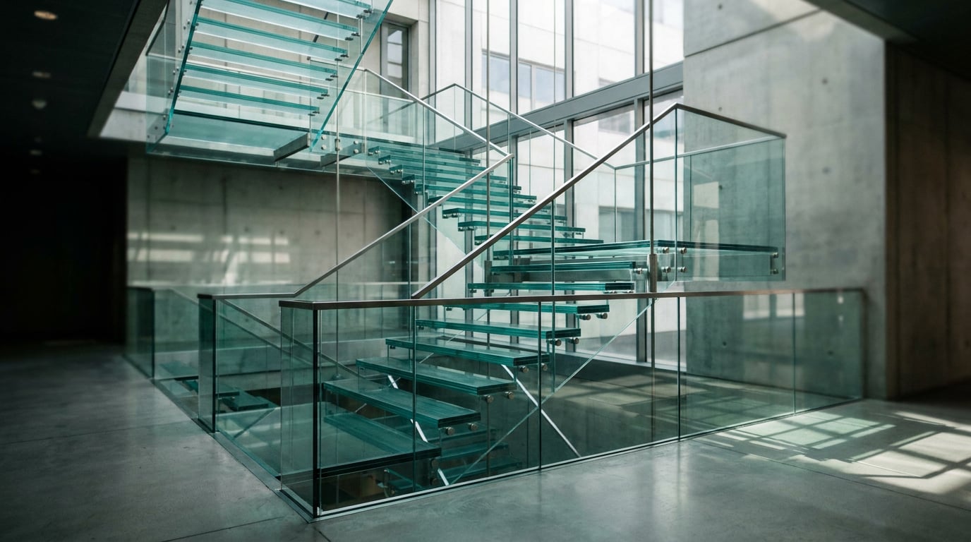 Un escalier moderne en verre et acier, composé de plusieurs paliers transparents superposés à des hauteurs différentes, dans une lumière naturelle douce qui traverse les panneaux vitrés, créant des reflets sobres sur un fond architectural qui s'estompe en arrière-plan.